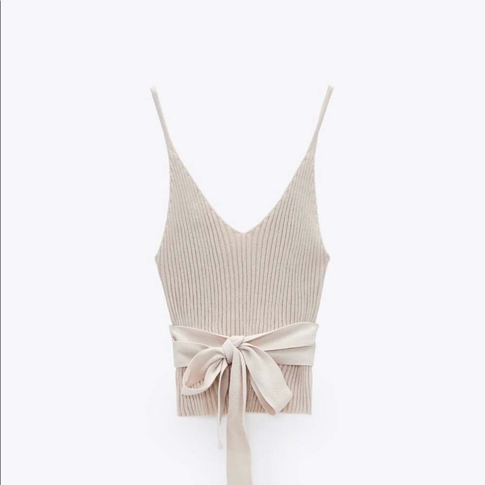 Zara Belted Beige Ribbed Tank Top - Picture 1 of 5